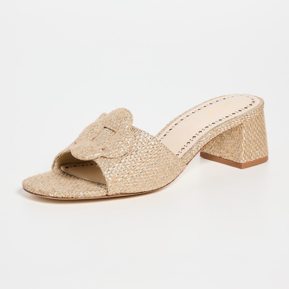 Larroude Flora Mules Raffia Gold Natural Block Heel Sandals size 10